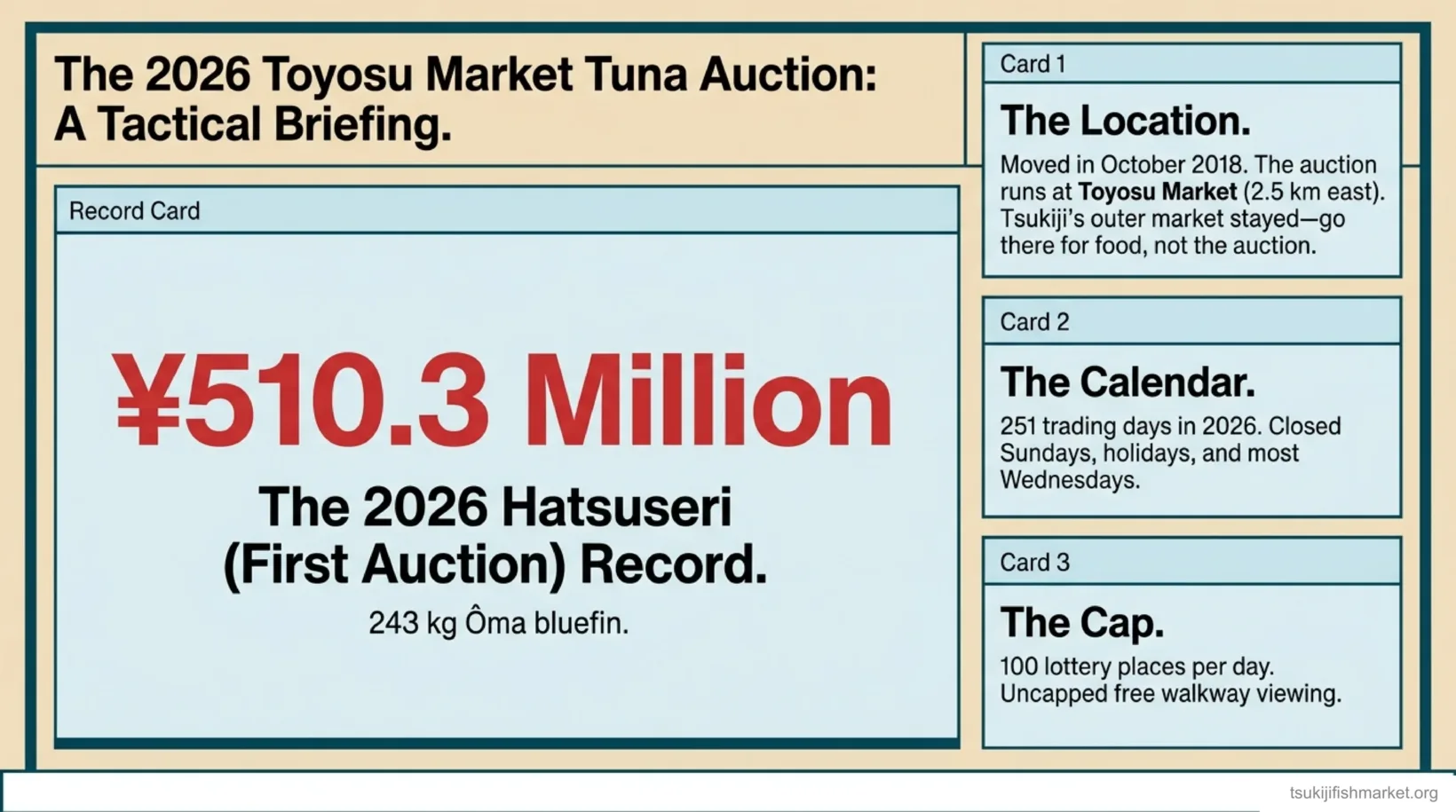 Toyosu tuna auction 2026 briefing card: the 510.3 million yen hatsuseri record for a 243 kg Oma bluefin, the October 2018 move from Tsukiji, 251 trading days, and the 100-person lottery cap