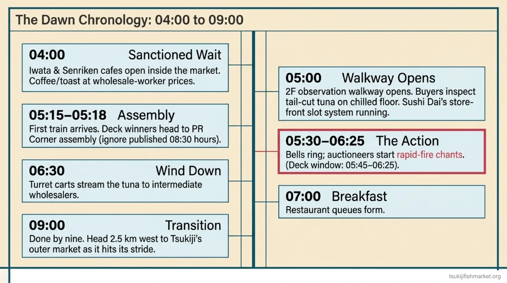 Toyosu tuna auction morning timeline from 04:00 cafes through the 05:30-06:25 auction action to the 09:00 crossing to Tsukiji outer market