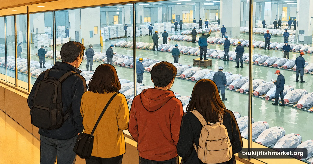 Illustration of visitors at the glass of Toyosu Market's second-floor gallery looking down on rows of tuna on the auction floor at dawn